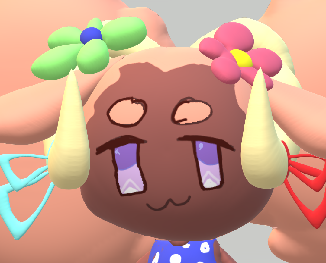A 3d face of a person with pink hair styled into very large afropuffs. They have sheep horns and ribbons on them.