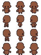 4 rows of chibi pixel sprites. they are brown and naked.